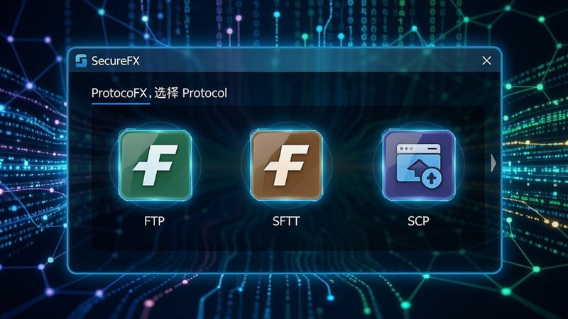 SecureFX Э��ѡ����棬չʾ FTP��SFTP��SCP ��ͼ�꣬����Ϊ�����������������Ƽ���ǿ��ɫ��������ͻ����Э������