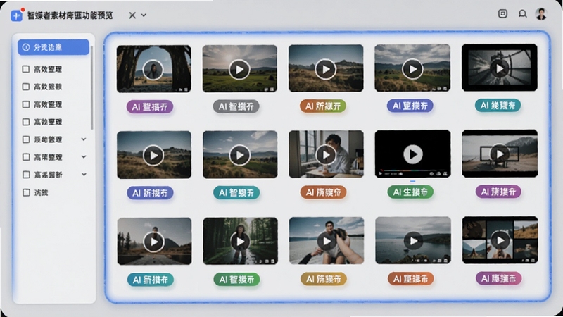 智媒者素材库管理功能预览图,画面展示整齐排列的图片与视频缩略图,每项素材下方显示AI生成的彩色标签,左侧有分类筛选栏,背景为浅灰色工作台,搭配柔和的蓝色高亮边框,体现高效整理与智能识别特性