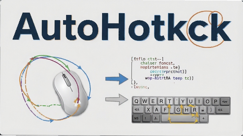 AutoHotkey 宏录制过程示意图,显示鼠标轨迹与键盘按键被记录并转化为代码,背景浅灰,突出软件名称,画面简洁直观
