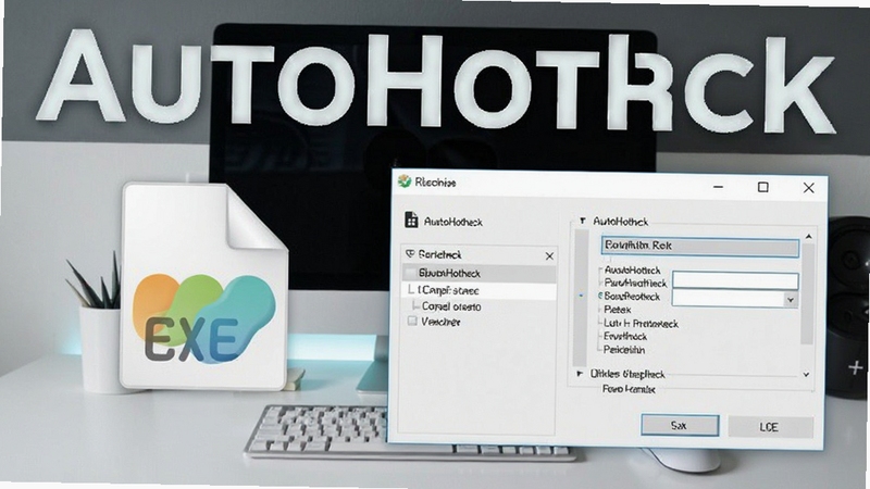 AutoHotkey 脚本编译为EXE的过程展示,文件图标与编译选项界面,背景为简洁桌面,突出软件名称,风格清爽