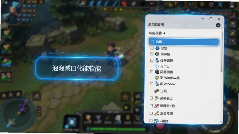 泡泡窗口化软件功能展示图,显示一键窗口化按钮与进程列表,界面清晰,带有蓝色调的高亮效果,背景为游戏画面模糊化处理