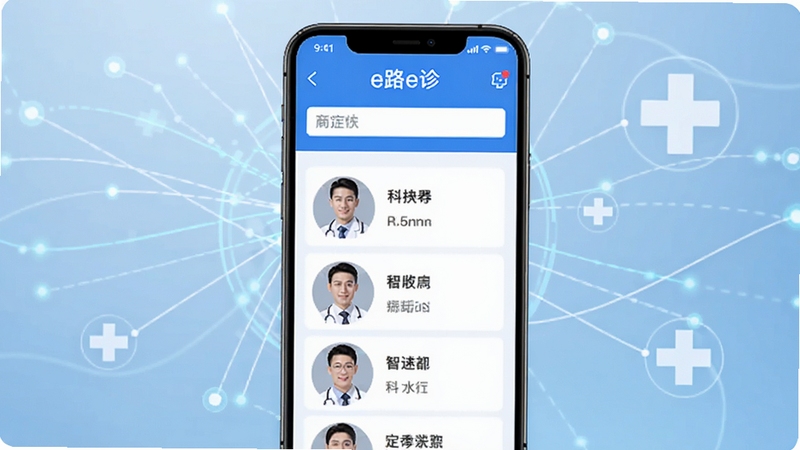 生成一张e路e诊智能分诊功能的界面截图风格图片,画面展示手机应用内用户输入症状后,系统匹配出几位医生头像和科室信息的列表,背景有象征大数据的连接线条和医疗十字图标,整体色调以白色和蓝色为主,干净清晰,突显科技感与专业性,竖屏构图。