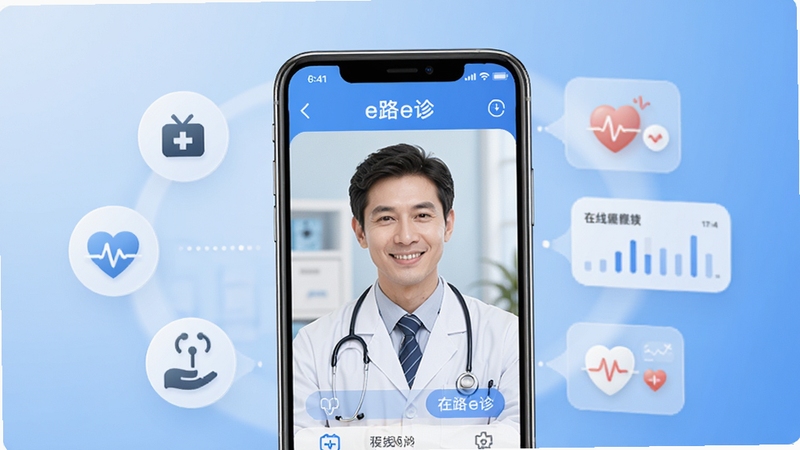 生成一张展示e路e诊应用核心功能的预览图,画面中央是一部智能手机,屏幕显示医生在线问诊界面,周围有医疗图标和健康数据元素,背景为柔和的蓝色渐变,整体风格专业且亲和,突出在线医疗的便捷性,图片比例为16:9,高清细节丰富。