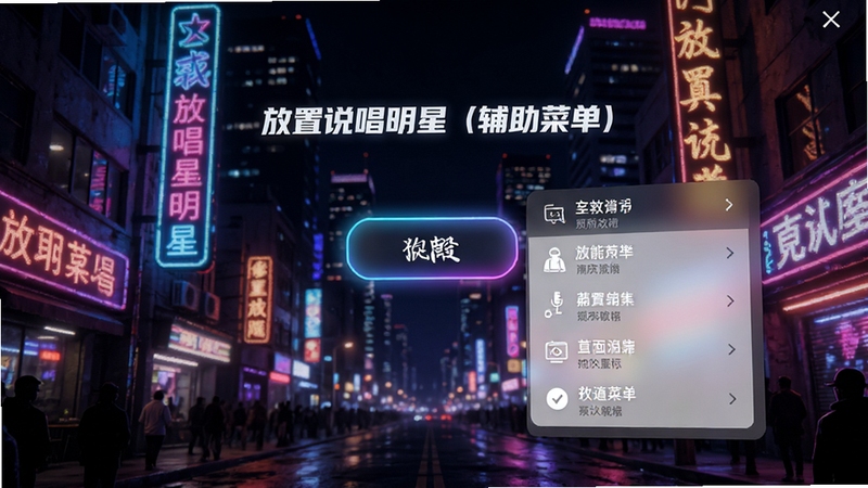 放置说唱明星辅助菜单主界面预览图,画面中央显示悬浮菜单按钮,背景为说唱风格的城市夜景,霓虹灯色彩丰富,整体氛围炫酷,突出软件名称“放置说唱明星(辅助菜单)”,菜单展开后展示功能列表,界面简洁明了,适配手机竖屏显示