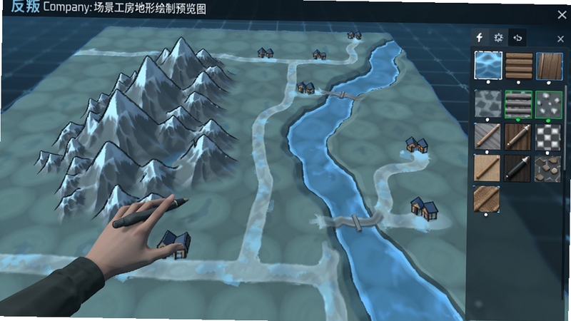 反叛公司: 场景工房地形绘制预览图,显示玩家正在平坦地图上拖拽描绘山脉与河流,右侧工具栏展示材质选择,界面清晰,地图上分布着村庄和道路图标,整体色调偏冷,凸显策略规划氛围。