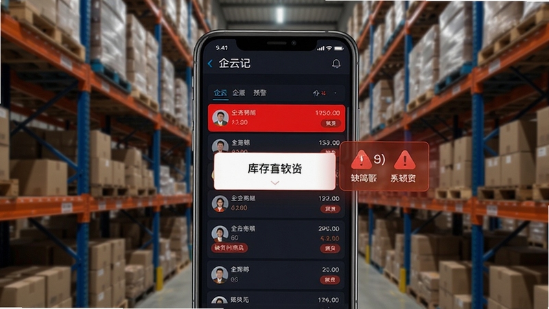 企云记进销存软件的库存预警界面截图,手机屏幕上显示红色高亮的缺货商品列表,背景为仓库货架实景,画面重点突出预警数据的滚动与提示弹窗,增强科技感与实用性