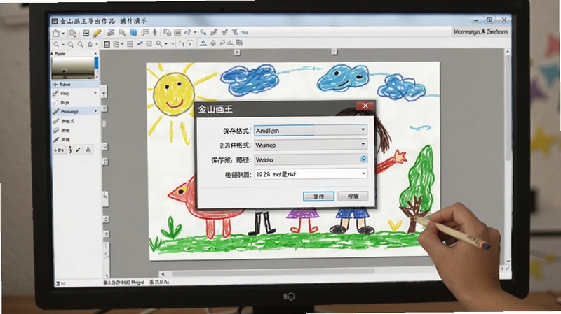 金山画王导出作品操作演示,屏幕上显示一个对话框,正在选择保存格式和路径,背景是软件主界面,画布上有一幅完整的儿童画,光线明亮,步骤清晰。