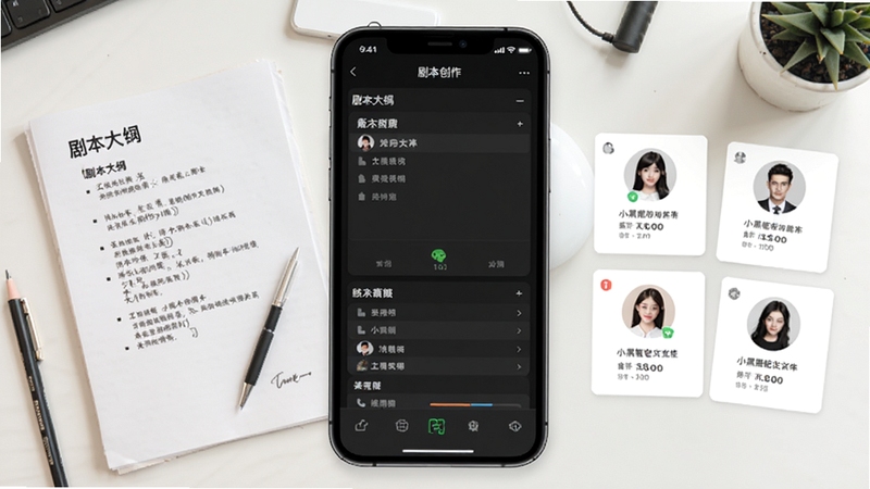 小黑蛇创作软件主界面截图,展示其剧本创作功能,画面主体为手机界面模型,背景为简约工作台,包含剧本大纲和角色卡片元素,整体风格明亮清晰