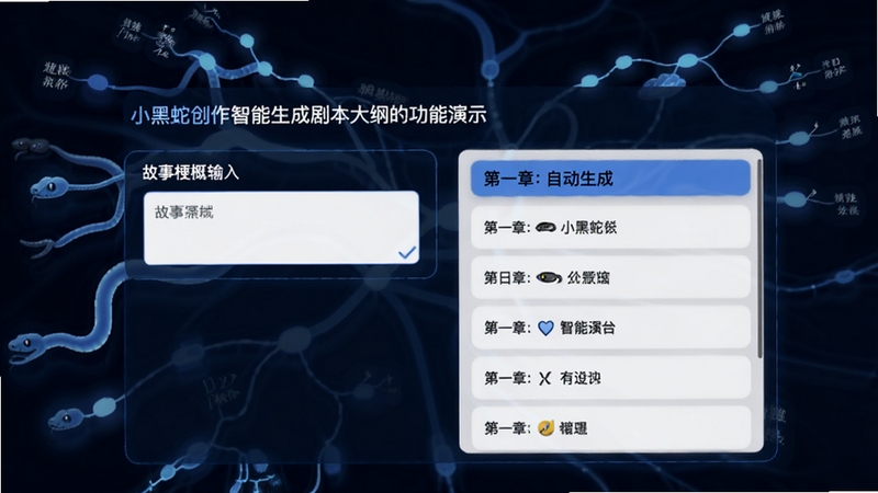 小黑蛇创作智能生成剧本大纲的功能演示,界面显示故事梗概输入框和自动生成的章节列表,背景为抽象的思维导图,色调以蓝色和白色为主,突出科技感和创作力
