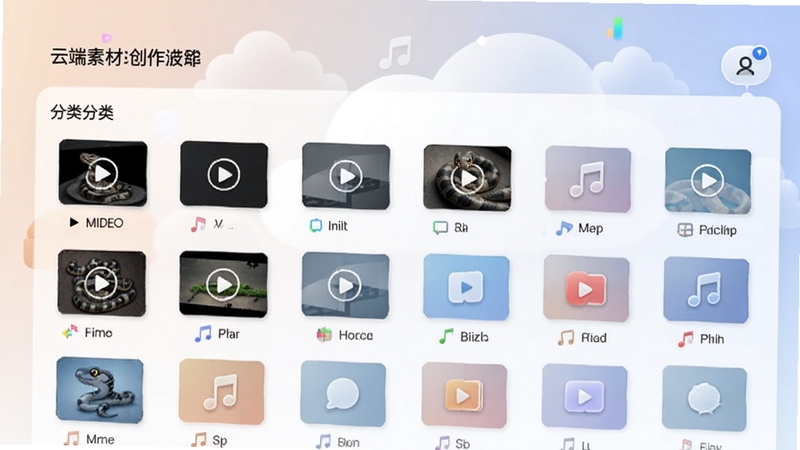 小黑蛇创作云端素材库界面,展示分类整齐的视频片段和音乐文件图标,背景为云存储概念图,色调柔和,体现便捷与高效