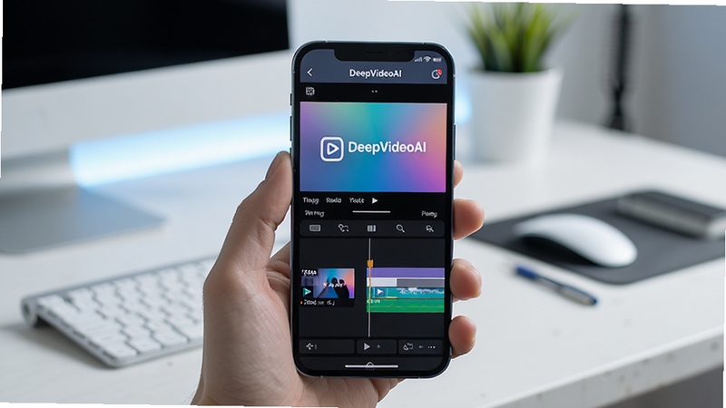 DeepVideoAI视频主界面预览图,展示软件在手机上的运行效果,背景为现代简约风格的工作台,前景为手机屏幕清晰显示DeepVideoAI视频的编辑界面,色彩明亮,光线柔和,突出软件的科技感与专业性。