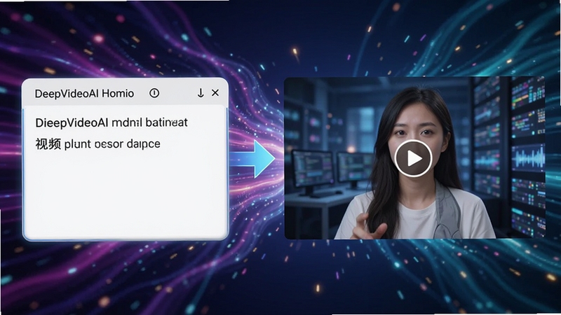 DeepVideoAI视频的文本生成视频功能演示图,左侧为文字输入框,右侧为实时生成的视频预览画面,背景为科技感光效,展示AI智能转换的过程,画面清晰,色彩丰富。