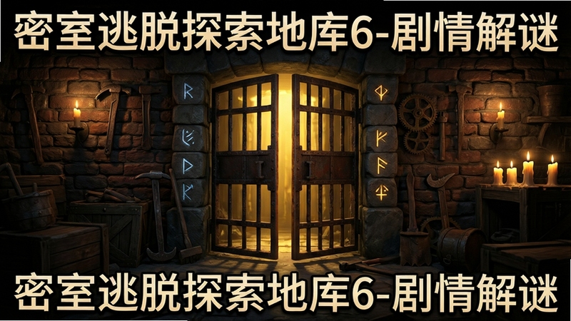 游戏主界面展示,画面中央是一座幽暗的地下库房入口,铁门半开透出暖黄光线,周围散落古老工具与神秘符号,背景是砖石墙壁与摇曳烛光,整体风格写实且充满悬疑氛围,画面清晰细腻,适合作为软件封面预览图,显示文字“密室逃脱探索地库6-剧情解谜”