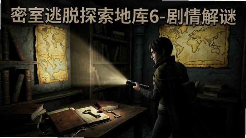 游戏内剧情对话场景,角色站在古老图书馆内,手持手电筒照亮书架,墙上挂着一幅泛黄的地图,桌面上散落着日记本与钥匙,整体色调偏暗,光影对比强烈,突出解谜氛围,画面中可见游戏名称“密室逃脱探索地库6-剧情解谜”
