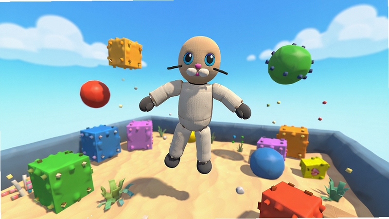 Ragdoll Physics Simulator 游戏主界面预览图,展示一个色彩明亮的3D物理沙盒场景,画面中央有一个布娃娃角色悬浮在半空中,周围散落着各种方块和圆形障碍物,背景为渐变的蓝天白云,视角略微俯视,整体风格卡通且充满活力,画面清晰细腻,适合作为游戏宣传图