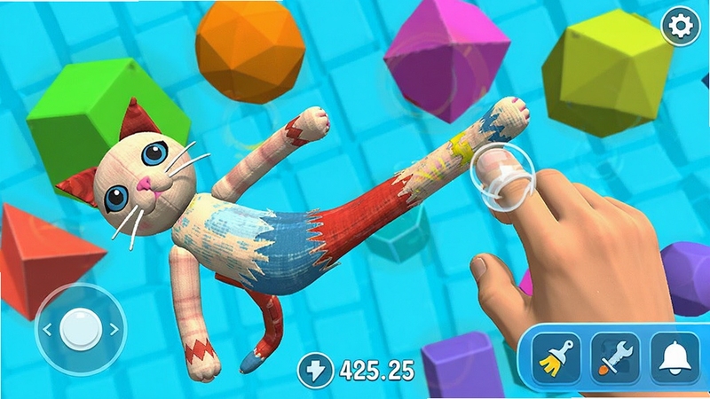 Ragdoll Physics Simulator 游戏玩法截图,展示玩家用手指拖拽布娃娃腿部的场景,画面中布娃娃被拉伸变形,周围有各种彩色几何体,界面右下角有工具菜单,整体色调明亮,操作提示清晰,体现触控交互的直观性