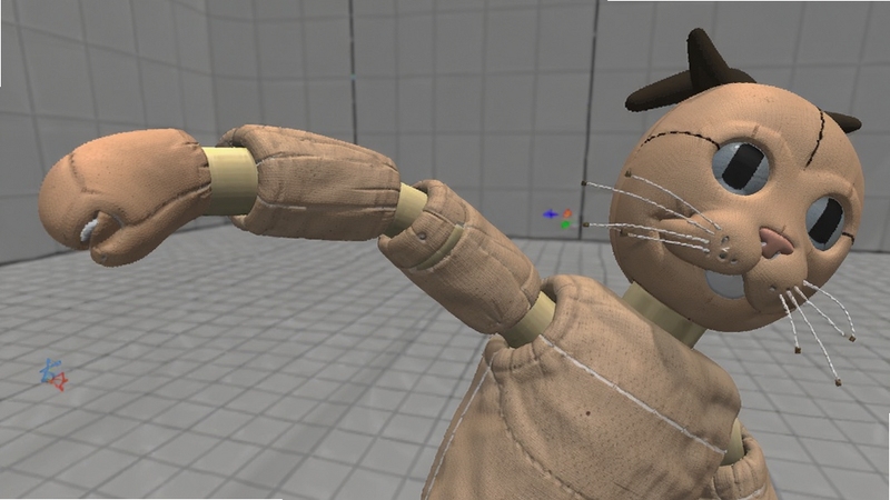 Ragdoll Physics Simulator 物理模拟细节展示图,特写一个布娃娃角色被拖拽手臂时的身体扭曲姿态,关节处呈现自然弯曲,背景为简洁的灰色测试环境,带有网格线,光线柔和,突出物理运算的逼真感