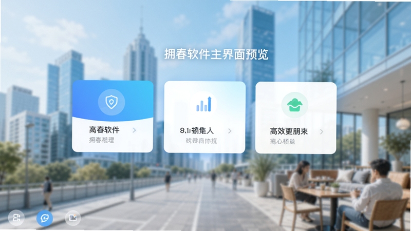 拥春软件主界面预览图,展示其简洁大气的UI设计,主色调为清新的蓝白渐变,中央显示核心功能卡片,背景为虚化的现代城市生活场景,整体画面明亮通透,突出软件的高效与友好,适配Boogu模型生成