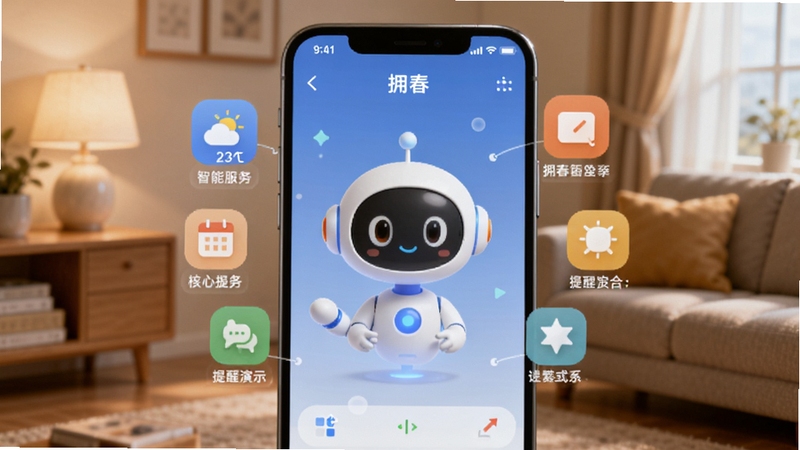 拥春智能助手功能演示图,画面展示手机屏幕上拥春APP开启语音交互界面,一个虚拟助手动画在屏幕中央,周围浮现生活服务图标如天气、日历、提醒等,背景为温馨的室内环境,光线柔和,突出智能与便捷主题