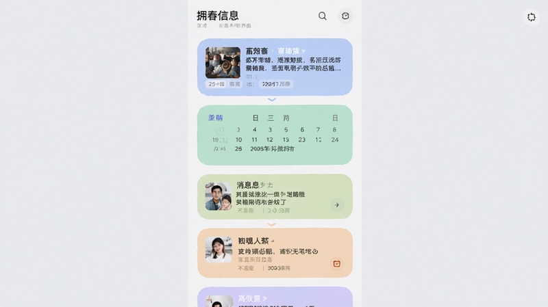拥春信息聚合界面截图,展示一个纵向排列的信息卡片流,包含新闻摘要、日历事件、消息预览等模块,卡片设计圆润,色彩柔和,背景为淡灰色,整体风格干净整洁,体现高效整合能力
