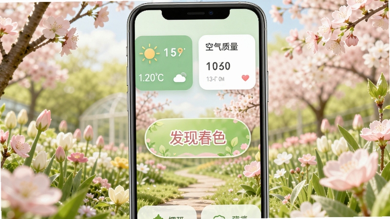 拥春软件主界面预览图,展示春日花园背景,界面中央有“发现春色”按钮,上方天气与空气质量卡片,整体色调以嫩绿和樱粉为主,风格清新明亮,适配手机竖屏展示