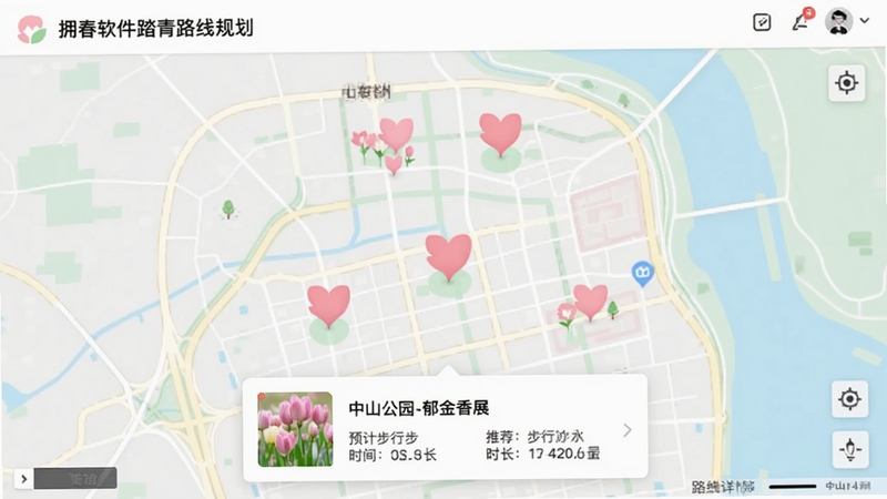 拥春软件踏青路线规划页面,展示一张城市地图,上面标注着几个粉色花瓣形状的景点标记,底部弹出路线详情卡片,显示“中山公园-郁金香展”的预计步行时间与推荐游玩时长,地图风格简洁,配色清新
