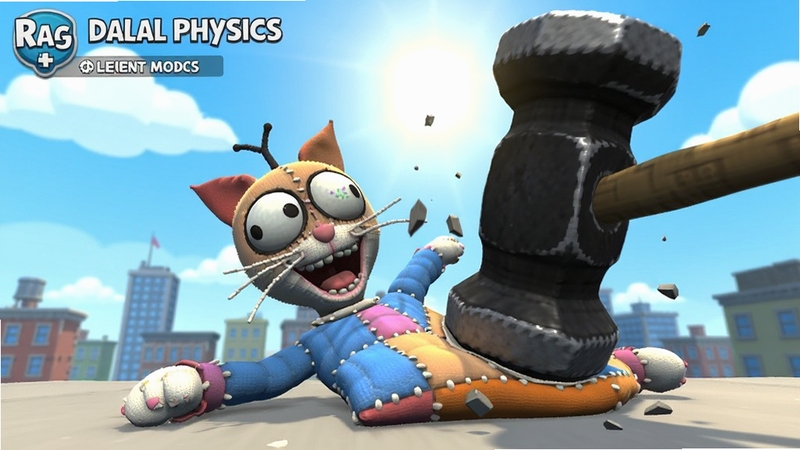 Ragdoll Physics Simulator 游戏画面,一个布娃娃角色被巨大的锤子砸扁,表情夸张,背景是明亮的天空和城市,展示离线模式的欢快氛围