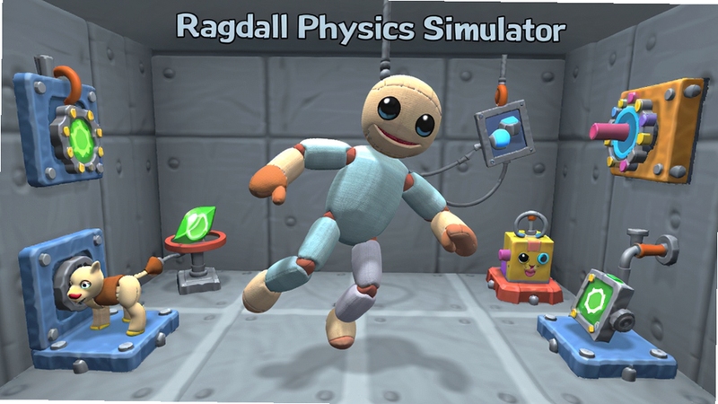 Ragdoll Physics Simulator 游戏主界面预览图,画面中央一个关节柔软的布娃娃角色悬空,背景是灰色的试验场,四周有各种互动机关,整体风格卡通明亮