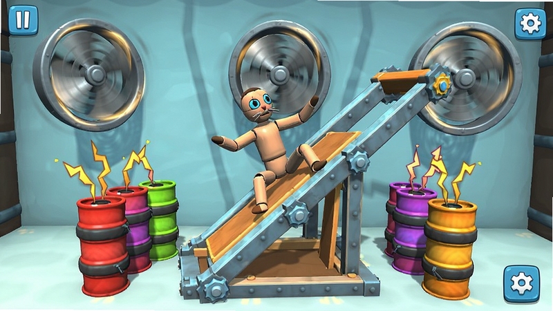 Ragdoll Physics Simulator 游戏截图,画面上布娃娃角色被放置在巨大的弹射器上,周围环绕着彩色炸药桶和旋转风扇,展示多种互动道具