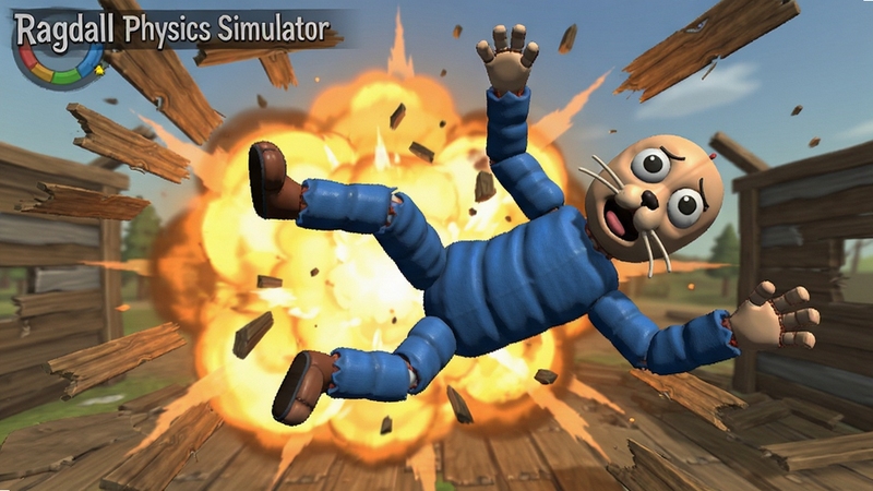 Ragdoll Physics Simulator 游戏画面,一个布娃娃角色被爆炸冲击波炸飞,四肢扭曲,表情滑稽,背景是破碎的木板,突显物理引擎的真实感