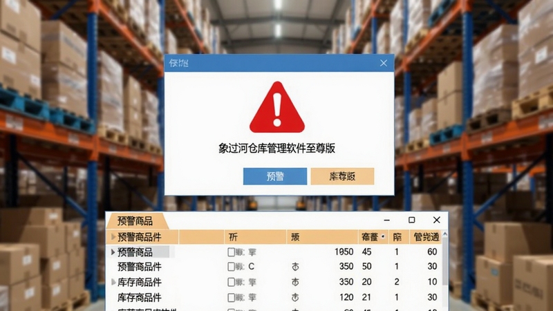 象过河仓库管理软件至尊版库存预警弹窗示意图,屏幕中央显示红色感叹号预警图标,下方列出预警商品列表,背景为仓库货架模糊处理,突出软件界面细节,画面简洁,色彩对比鲜明