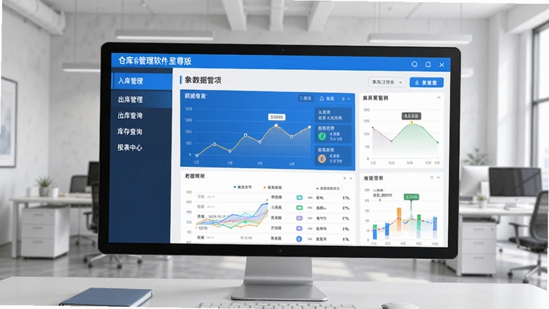 象过河仓库管理软件至尊版主界面预览图,左侧导航栏清晰展示入库管理、出库管理、库存查询、报表中心等模块,中央为数据看板,背景为现代简约办公室环境,屏幕高亮显示软件操作界面,整体色调蓝白相间,画质清晰,比例16:9