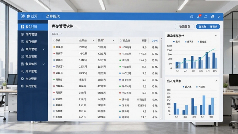 象过河仓库管理软件至尊版主界面截图,展示库存管理仪表盘,左侧功能导航栏清晰可见,右侧显示商品库存列表与出入库图表,背景为现代化的办公室环境,整体色调以蓝白为主,界面简洁明亮,细节丰富,高清渲染图