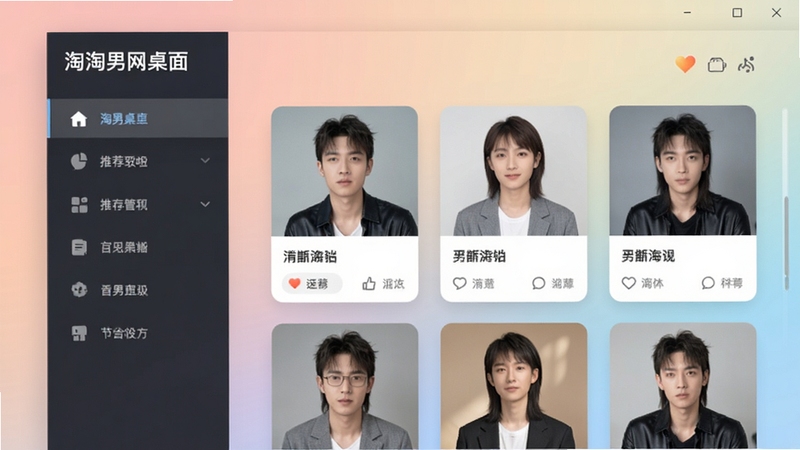 淘男网桌面主界面预览图,展示清新交友界面,左侧为功能导航栏,右侧为推荐用户卡片流,背景为柔和渐变色,整体风格现代简约,突出软件名称“淘男网桌面”