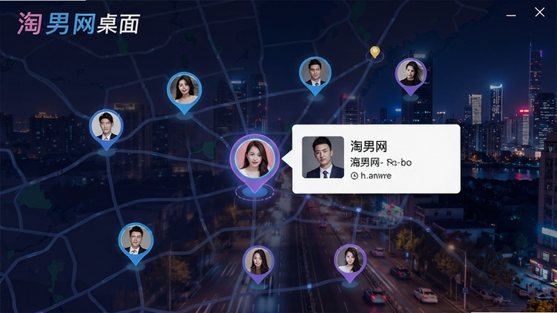 淘男网桌面同城约会功能展示,地图上显示附近用户头像标记,其中一个标记弹出用户资料卡片,背景为城市夜景,整体风格时尚动感,包含软件名称“淘男网桌面”