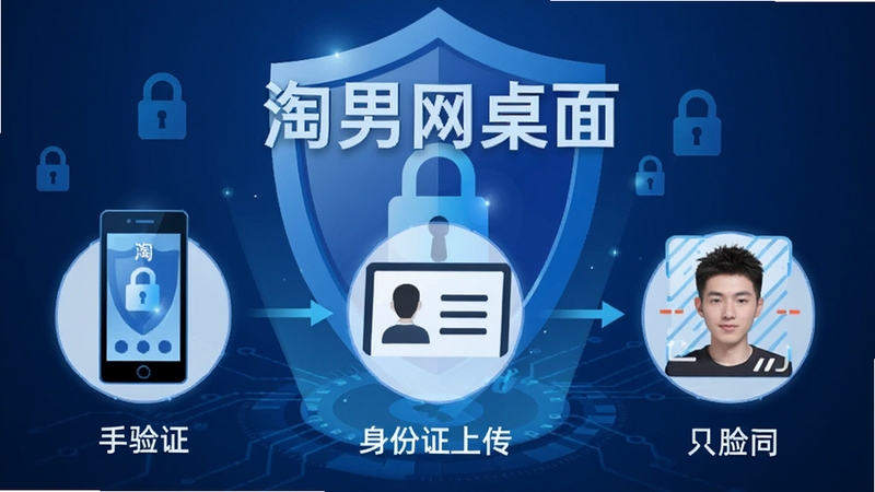 淘男网桌面实名认证流程示意图,展示手机验证、身份证上传、人脸识别三个步骤图标,背景为盾牌与安全锁元素,整体色调为蓝色科技风,突出软件名称“淘男网桌面”