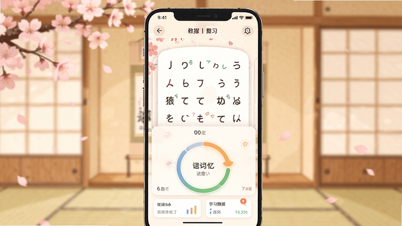 日语丸(japaneseone)学习软件主界面预览图,画面中央展示五十音图学习卡片与单词记忆进度环,背景为柔和的日式樱花与和室元素,整体色调温暖明亮,UI界面清晰展示学习数据看板,适配移动端竖屏布局,风格扁平化现代设计