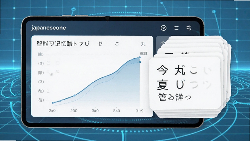 日语丸(japaneseone)智能复习算法界面展示,屏幕显示单词记忆曲线图表与今日待复习卡片堆叠效果,背景有浅蓝色科技感网格,卡片上标注假名与中文释义,画面简洁突出数据可视化,适合软件功能介绍配图