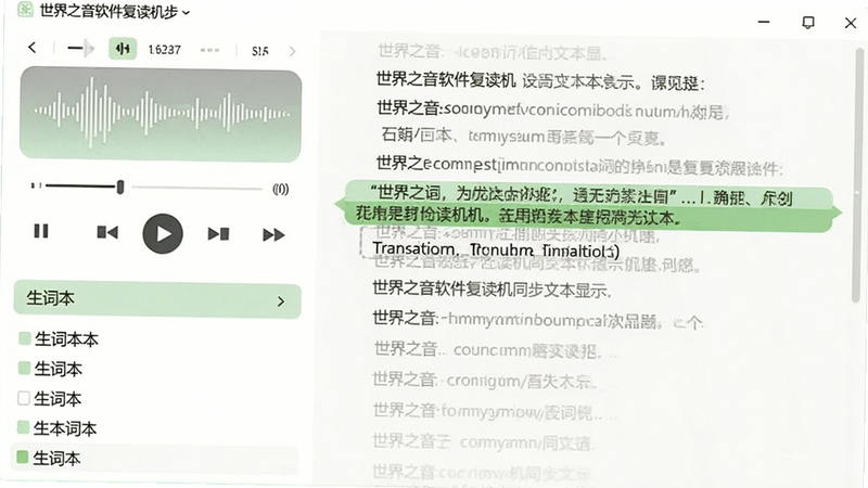 世界之音软件复读机同步文本显示界面,左侧为音频控制区,右侧为滚动字幕文本,其中一句被高亮选中并显示翻译注释,下方有生词本列表,整体配色以白色和浅绿色为主,清新简洁。