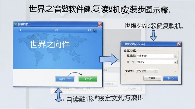世界之音软件复读机安装步骤示意图,展示安装向导界面,包含下一步按钮和自定义路径选择窗口,背景为浅灰色桌面,有清晰的文字说明和箭头指示。