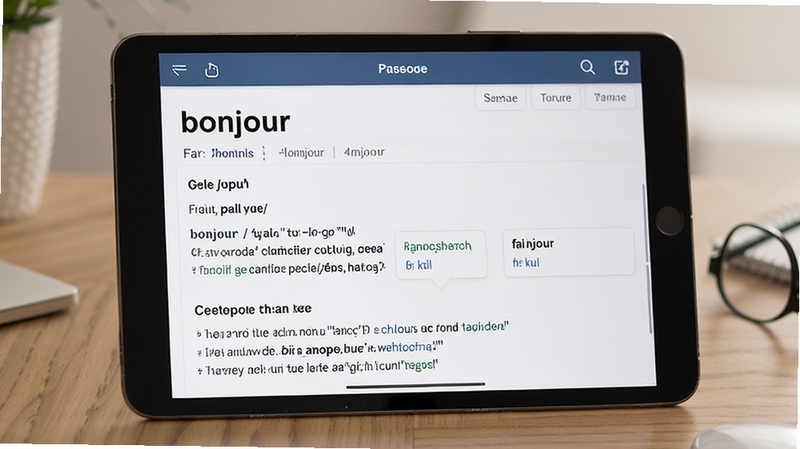 法语助手词典查询功能展示图,屏幕显示单词“bonjour”的详细释义页面,包括音标、词性、例句及常用短语,界面排版整齐,字体清晰,突出词库的丰富与专业感