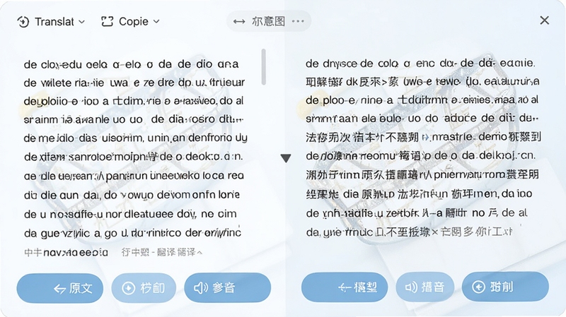 法语助手翻译功能界面示意图,展示一段法语文章被翻译成中文的对照效果,左侧为原文,右侧为译文,页面带有翻译、复制、发音等操作按钮,背景柔和,视觉清爽