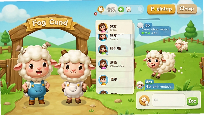 羊气十足社交互动界面预览,两个卡通角色站在牧场门口,旁边有好友列表和聊天框,小羊在草地上玩耍,界面设计友好,按钮清晰,色彩明快