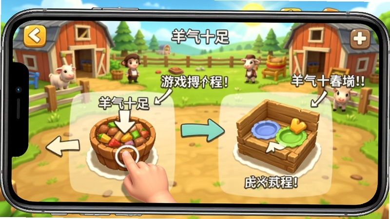 羊气十足游戏操作教程示意图,手机屏幕截图展示点击喂食和拖动布置的界面,带有箭头指示和文字标注,背景是游戏内的牧场场景,光线明亮