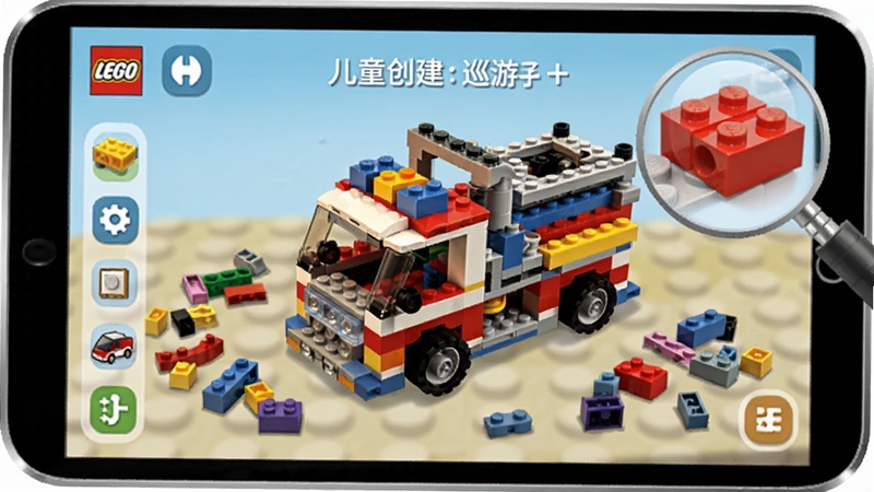 乐高儿童创建和巡游游戏拼搭界面,屏幕上展示着一个半成品的乐高消防车模型,周围是散落的彩色积木零件库,界面简洁友好,图标清晰,有放大的积木细节,整体画面明亮,突出创意拼搭的主题。