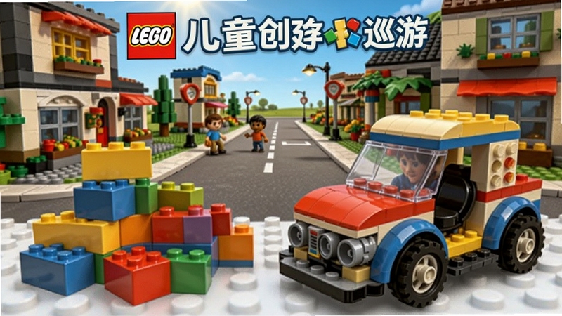 乐高儿童创建和巡游游戏主界面,前景是色彩鲜艳的乐高积木块和一辆刚刚拼搭完成的玩具车,背景是充满童趣的乐高小镇街道,阳光明媚,整体风格明亮卡通,细节丰富,适合作为游戏宣传图。