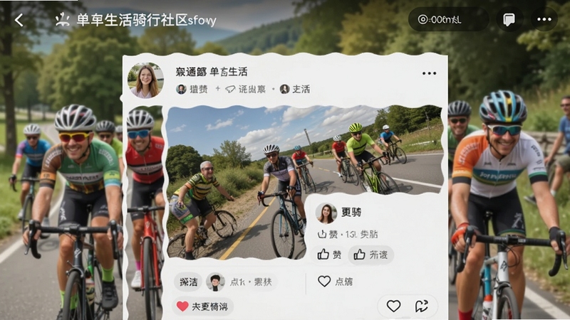 单车生活骑行社区界面示意图,展示用户发布的骑行照片与点赞评论互动,背景是热闹的骑行队伍,画面色彩丰富,体现社交氛围