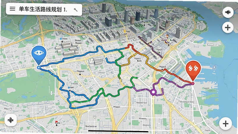单车生活路线规划界面,地图上显示多条不同颜色的推荐骑行路线,起点与终点标记清晰,背景为城市俯瞰图,画面简洁直观