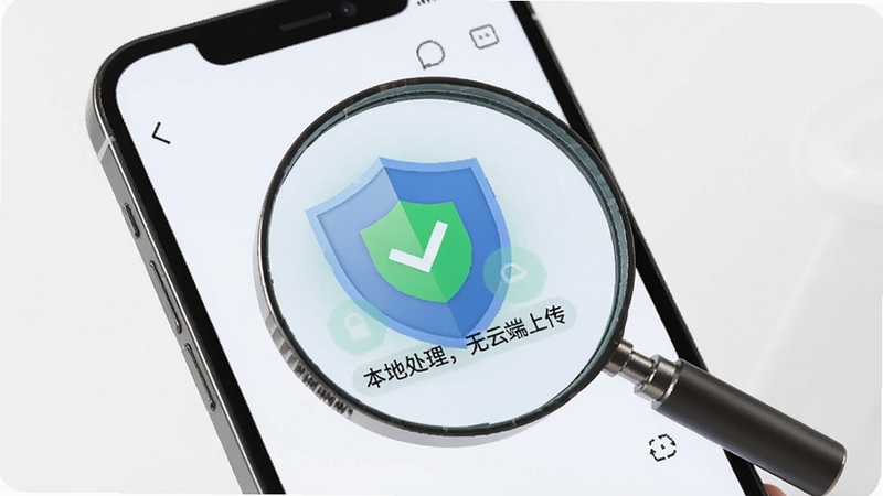暖心放大镜的隐私保护界面,手机屏幕上显示“本地处理,无云端上传”字样,背景是盾牌图标与绿色安全标识,整体风格简洁明了,传递安全可靠的感觉。