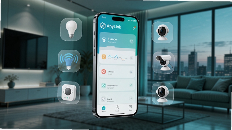 ��ͼ��ʾ�ʣ�A sleek 3D render of a smartphone displaying the AnyLink Home app dashboard, surrounded by floating holographic icons of smart bulbs, thermostats, and security cameras. The background is a modern, softly lit living room with a minimalist aesthetic, featuring a large window showing a city skyline at dusk, cool blue and teal color palette, high detail, 8k resolution.